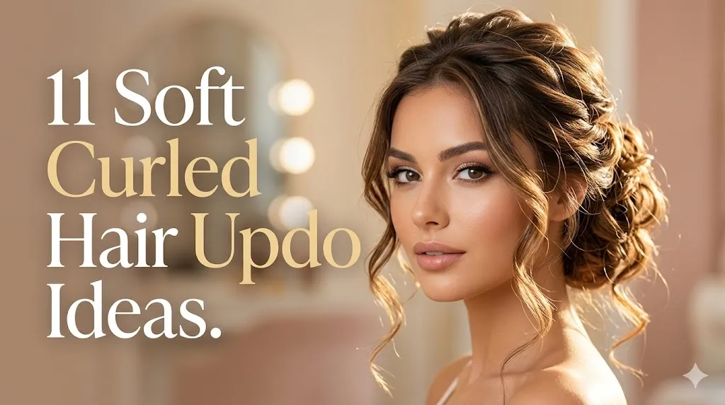 Medium-long soft curls styled half-up with a small twisted low bun at the nape, remaining curls cascading naturally, subtle decorative pins, warm ambient light, formal reception or wedding background blurred, three-quarter angle showing twist and curl flow, romantic and soft mood, natural volume and texture highlighted.