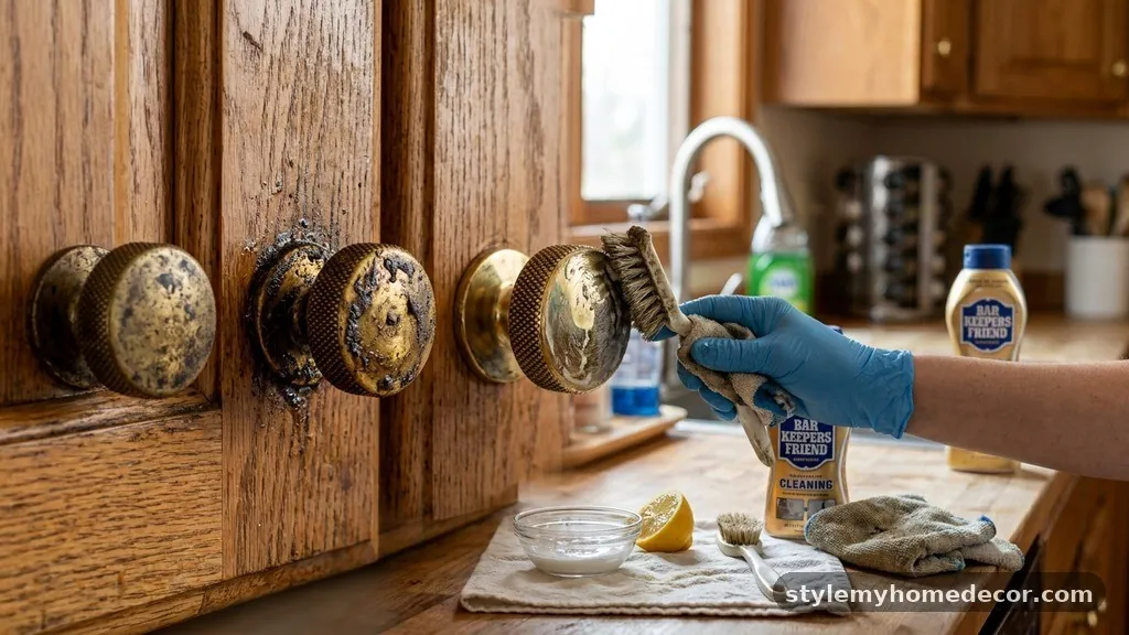 Dealing with Tarnished Brass - How to Clean Sticky Grease Off Textured Brass Cabinet Knobs