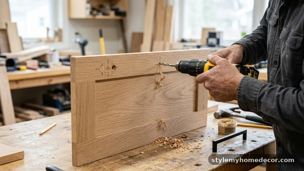 Drilling the New Holes - How to Fix Crooked Hardware Holes in Shaker Cabinet Doors