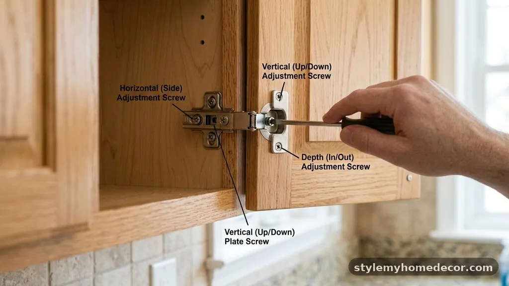 Fixing Vertical Sag with the Mounting Plate Screw - How to Adjust Sagging Kitchen Cabinet Hinges Using the 3 Adjustment Screws