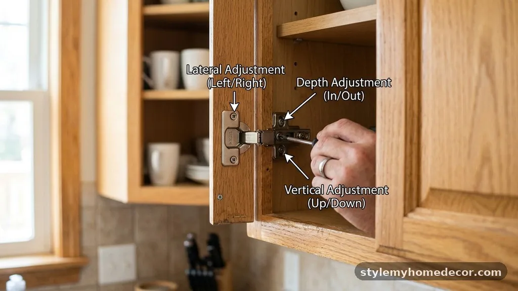 Identify the Three Adjustment Screws - How to Adjust Sagging Kitchen Cabinet Hinges Using the 3 Adjustment Screws