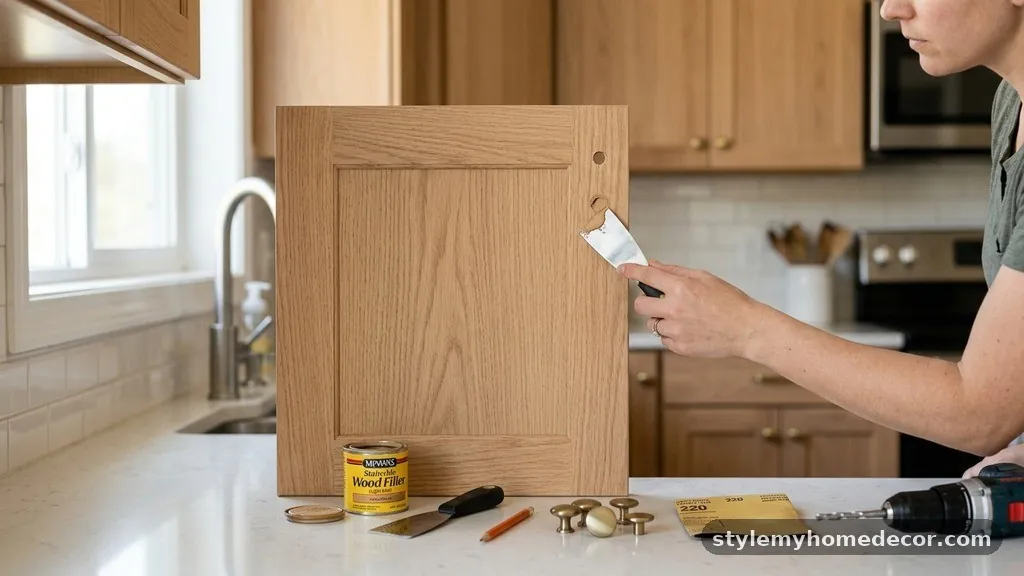 Matching the Cabinet Finish - How to Fix Crooked Hardware Holes in Shaker Cabinet Doors