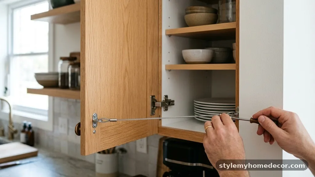 Using Cabinet Door Restraint Cables - How to Stop Kitchen Cabinet Doors from Banging into Adjacent Walls